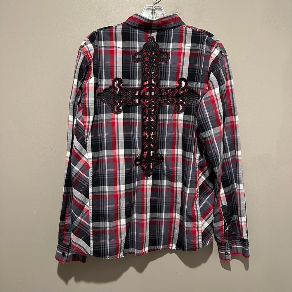 Edify Shirt Mens Large Button Up Embroidered Crosses Plaid Biker Rockabilly